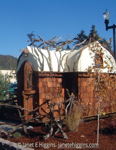 Flying Frog Treehouse - public art sculpture by Janet E Higgins